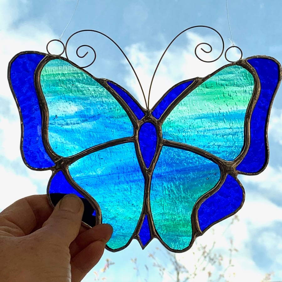 Stained Glass Large Butterfly Suncatcher - Handmade Decoration - Blue Green