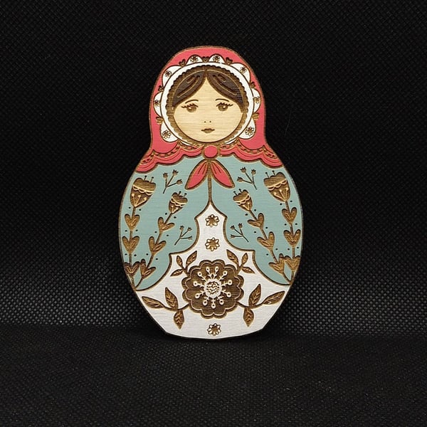 Folk art Russian doll laser etched and cut, hand drawn and painted. 