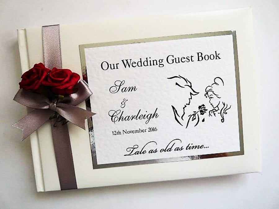 Beauty and the beast wedding guest book, silver and white 