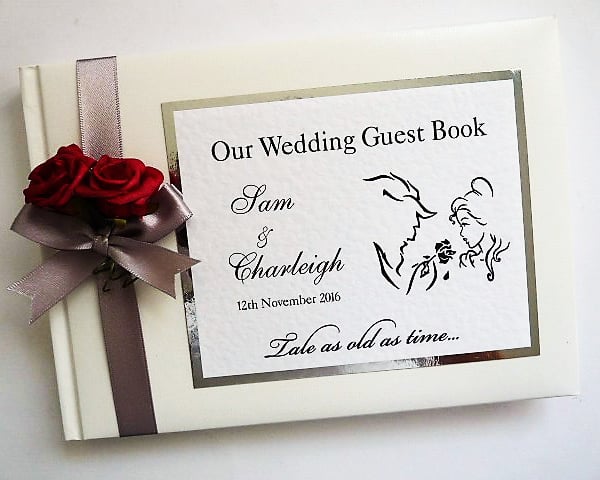 Beauty and the beast wedding guest book, silver and white 