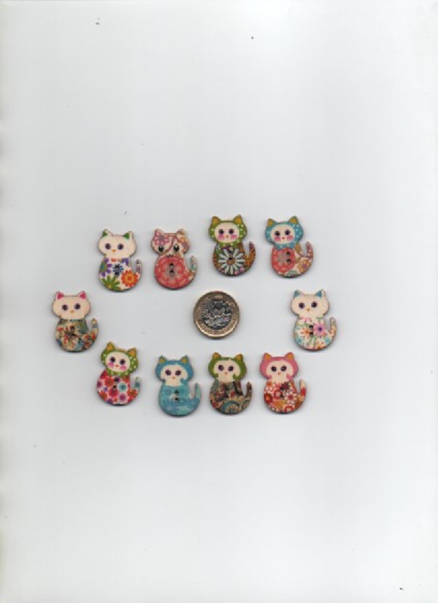 10 hand-finished printed FLORAL CAT wooden craft buttons CLEARANCE