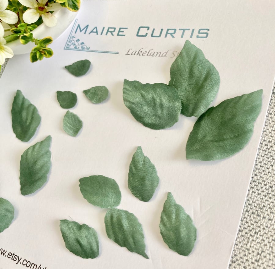 Hand Crafted Sage Green Silk Satin Leaves