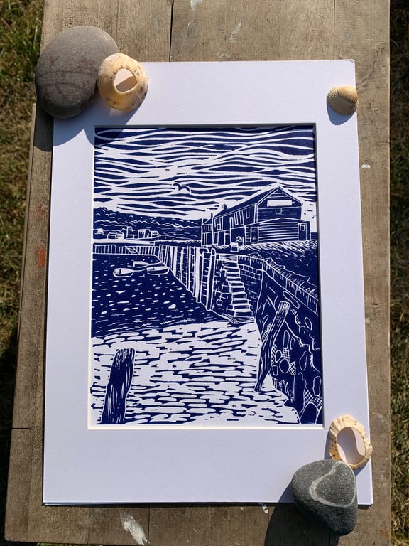 Lyme Regis Cobb buildings original Lino print