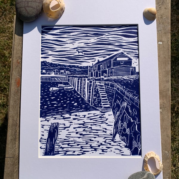 Lyme Regis Cobb buildings original Lino print