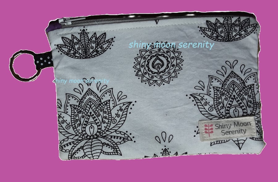 Pouch White with Black Lotus Flower Print