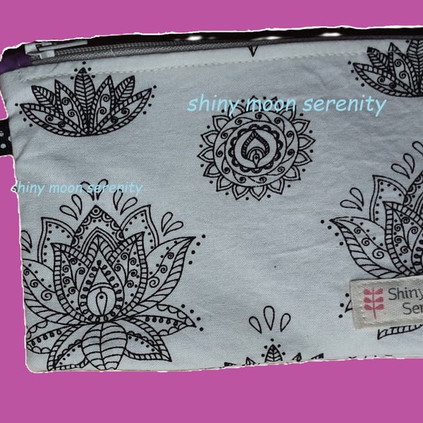 Pouch White with Black Lotus Flower Print