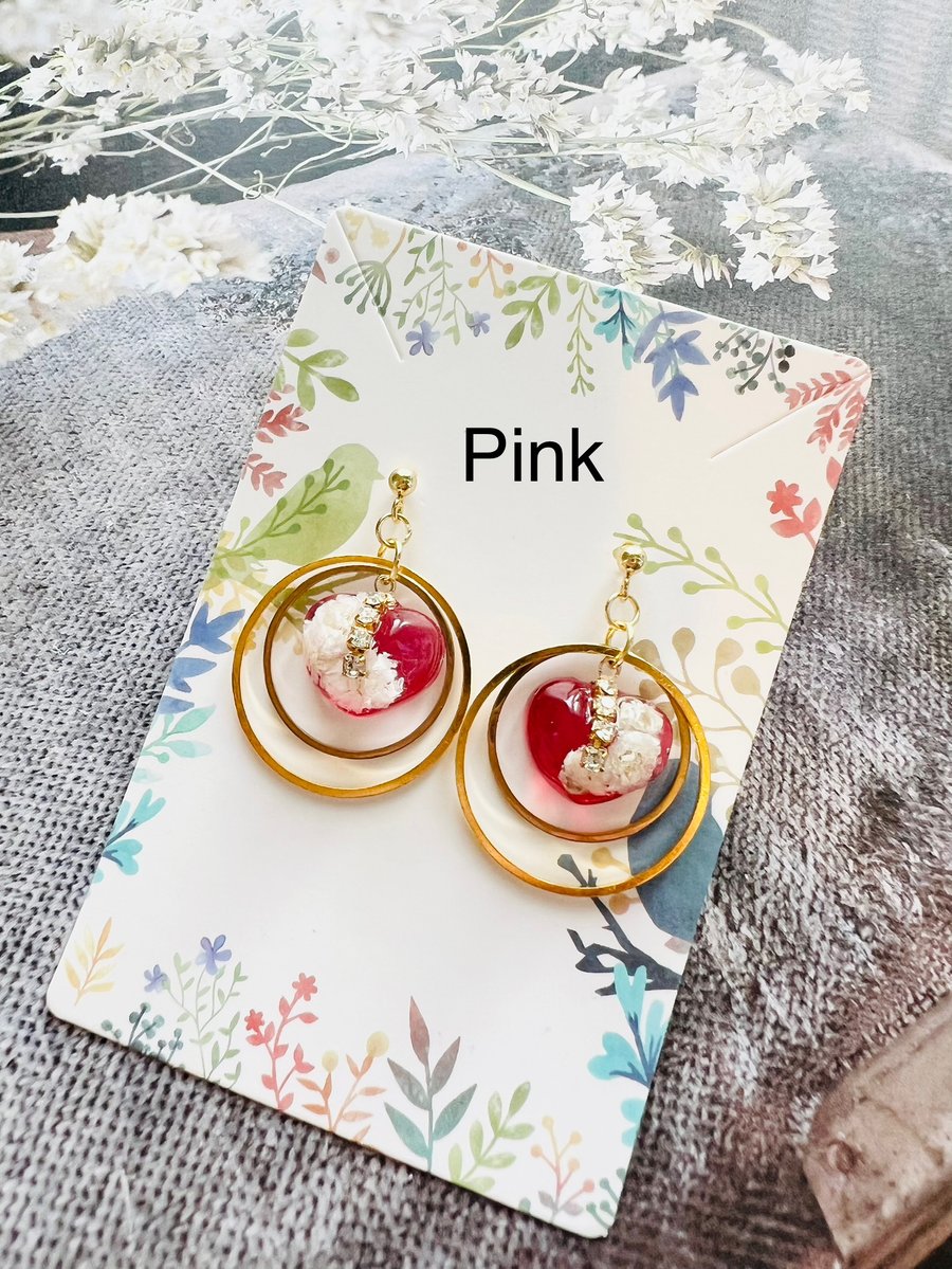 Handmade Real Flower Resin Earrings with Gold Rings