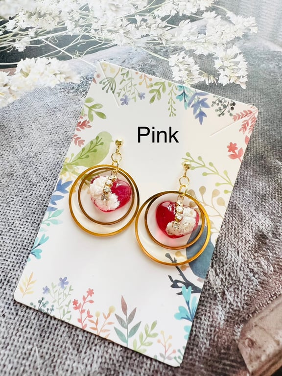 Handmade Real Flower Resin Earrings with Gold Rings