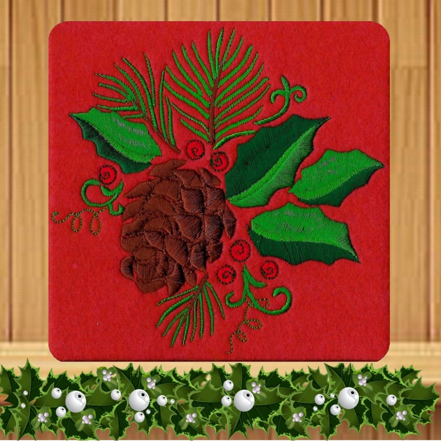 Christmas Pine Cone and Holly Embroidered Card