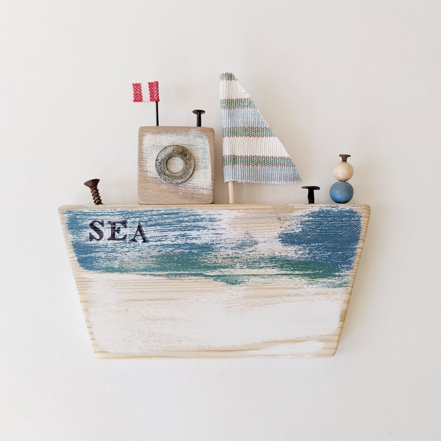 Large Rustic Wooden Boat Hanging 'SEA'