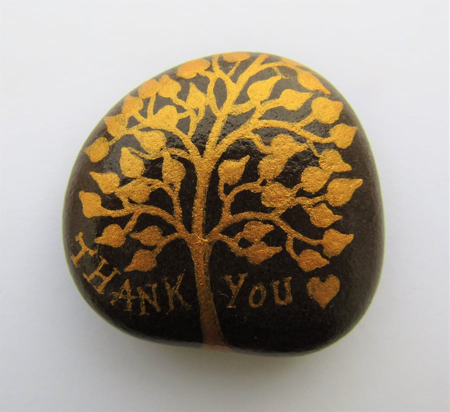 Thank You Tree, Painted Rock, Teacher Gift, Golden Hearts Stone, Pebble Art 