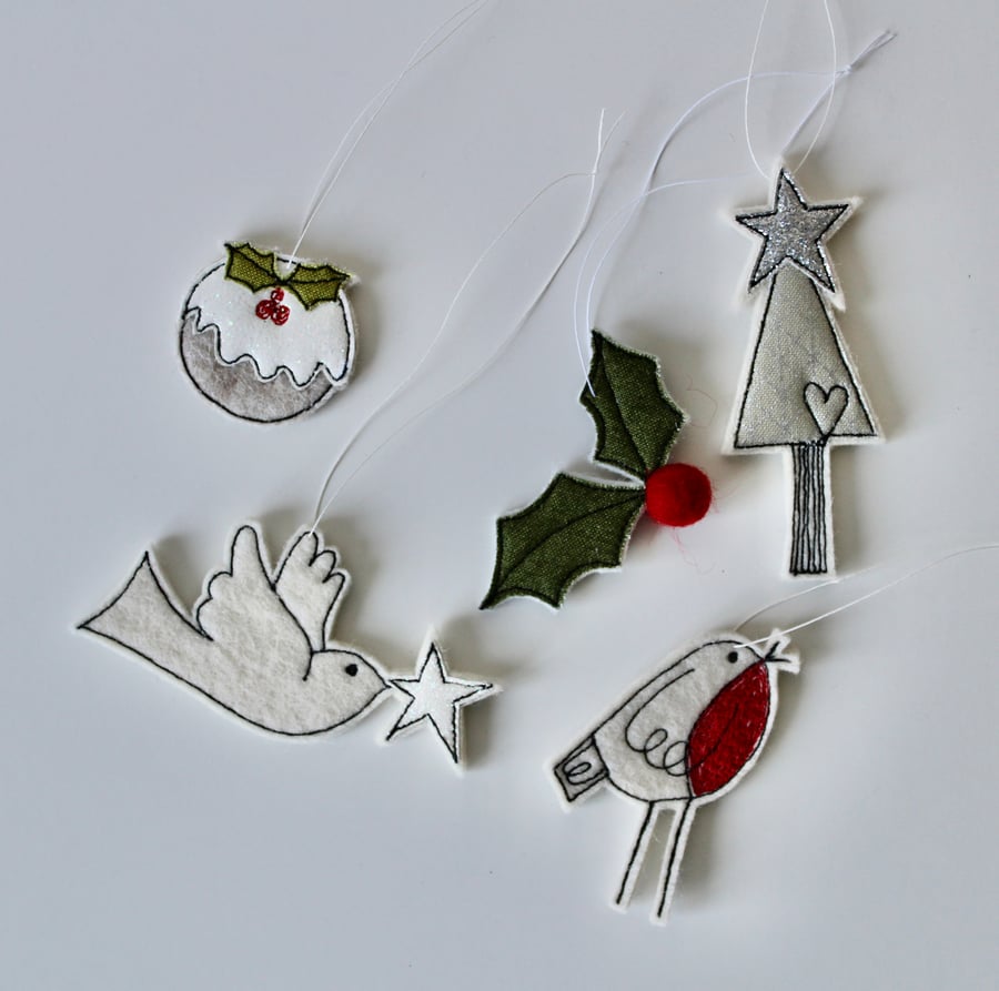 'Dove, Tree, Pudding, Robin and Holly' - Hanging Decorations