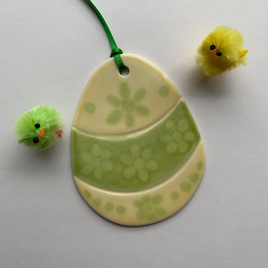 Large Easter Egg Porcelain Hanging Decoration - Green & Yellow