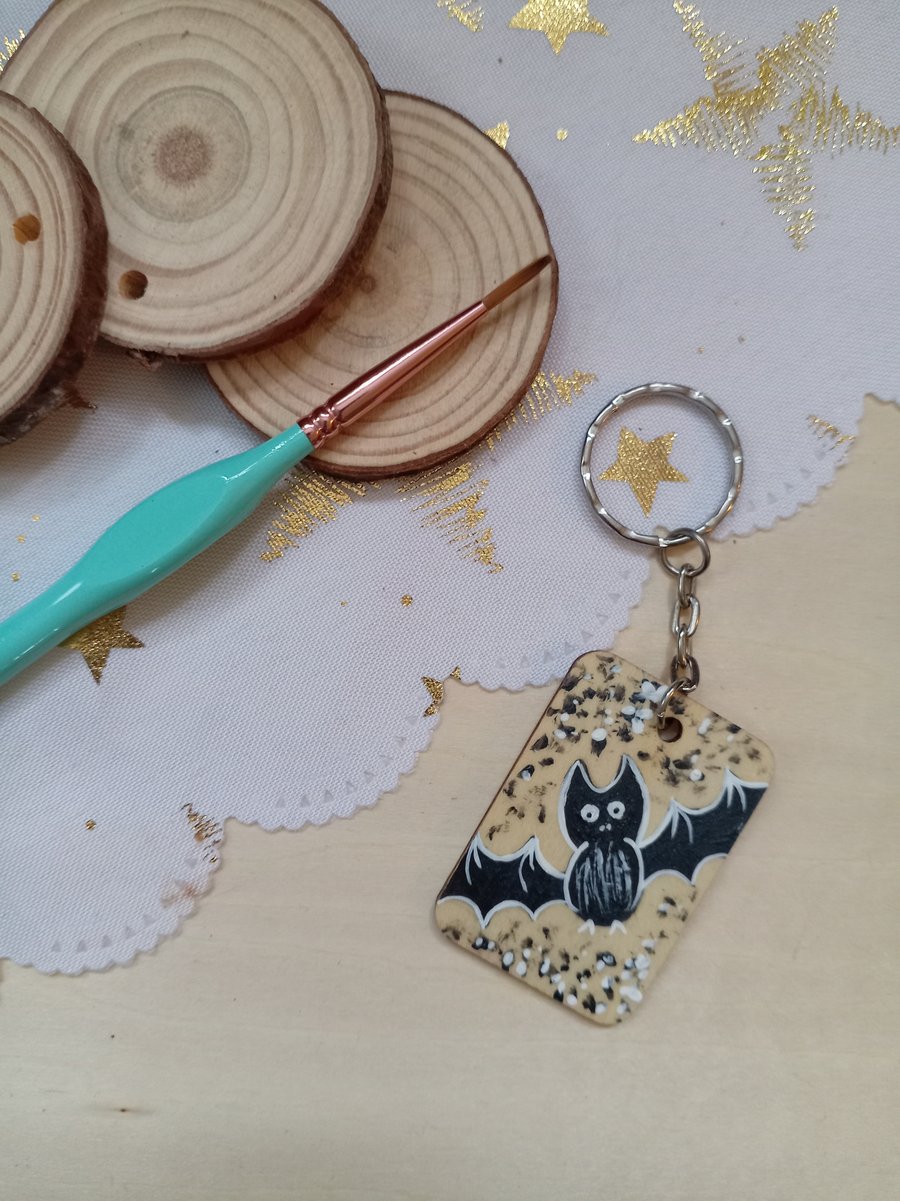 Wooden rectangular bat keyring 