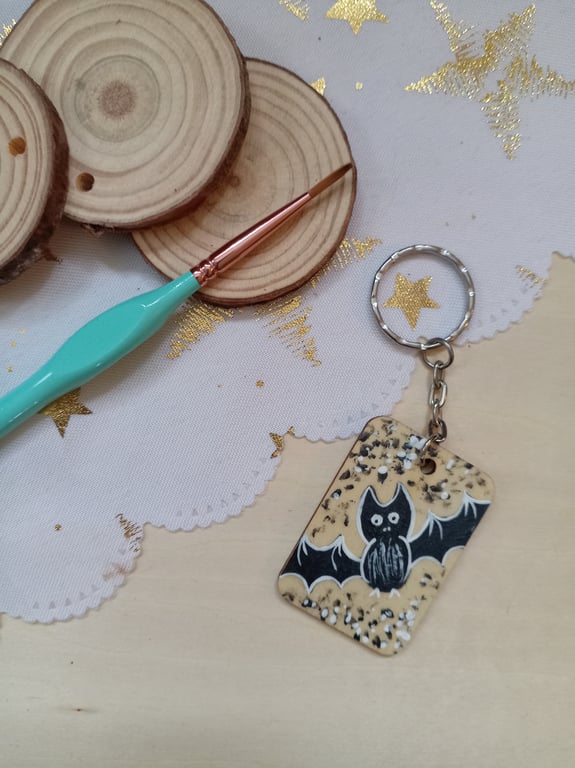 Wooden rectangular bat keyring 