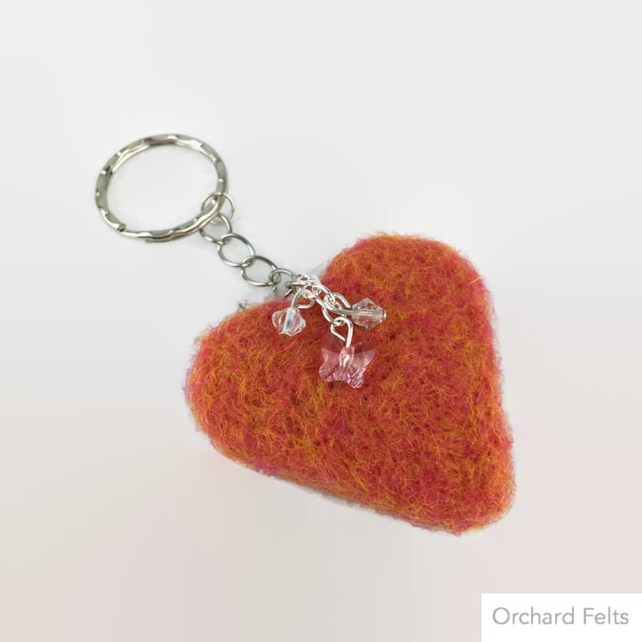 Orange needle felted heart keyring with Swarovski element beading