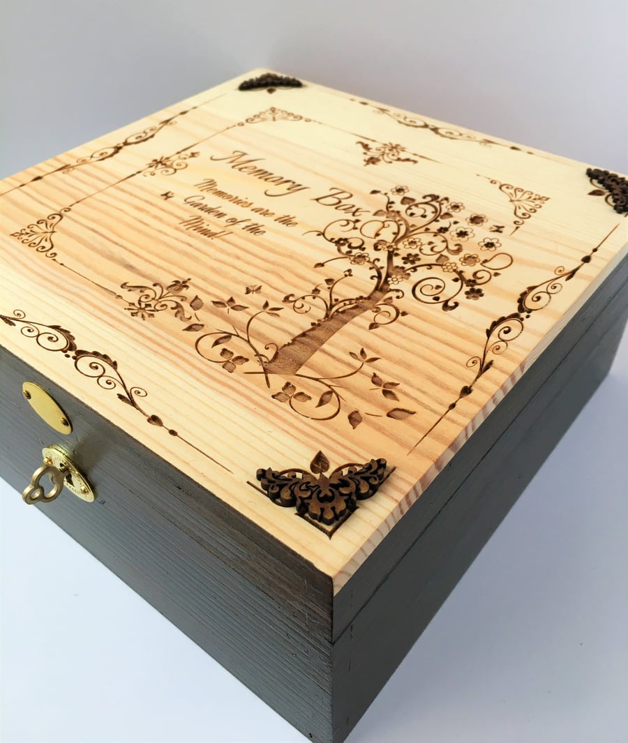LOCKABLE Engraved Wooden MEMORY BOX - Walnut Stain & natural wood by Livz Design