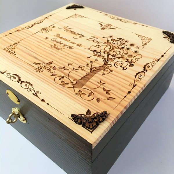 LOCKABLE Engraved Wooden MEMORY BOX - Walnut Stain & natural wood by Livz Design