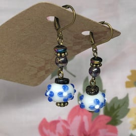 Blue white flower lampwork bead earrings 