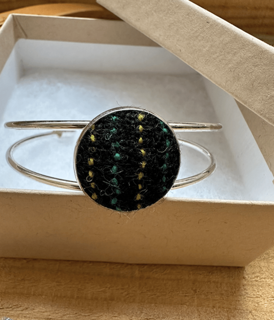Silver Bangle with Hand Dyed and Woven British Wool Pinstripe Cuff Bracelet