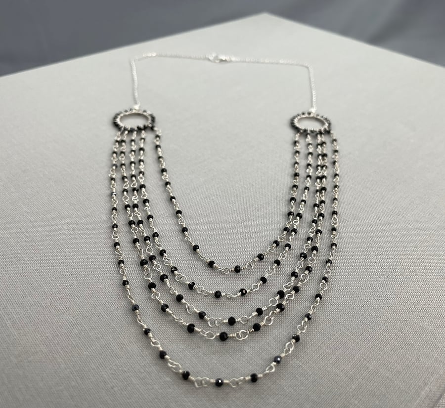 Delicate 5 Row Multi Strand Sterling Silver & Black Spinel Sparkly Necklace