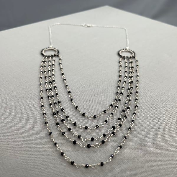 Delicate 5 Row Multi Strand Sterling Silver & Black Spinel Sparkly Necklace