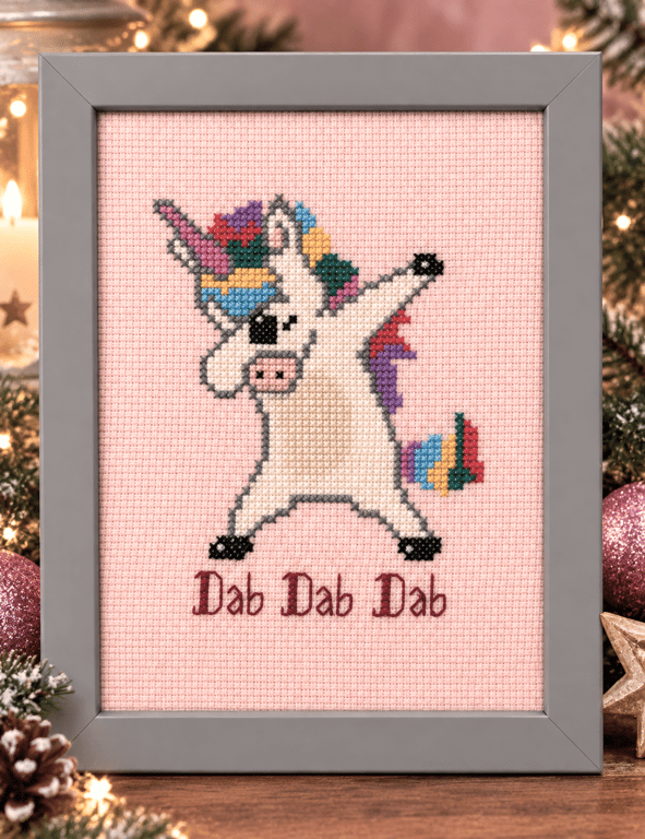 Handmade Framed Cross Stitch – Dabbing Unicorn