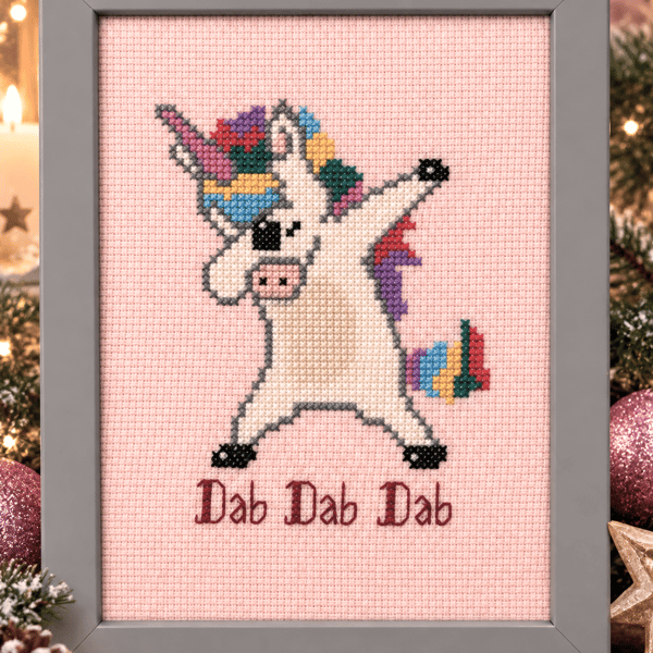 Handmade Framed Cross Stitch – Dabbing Unicorn