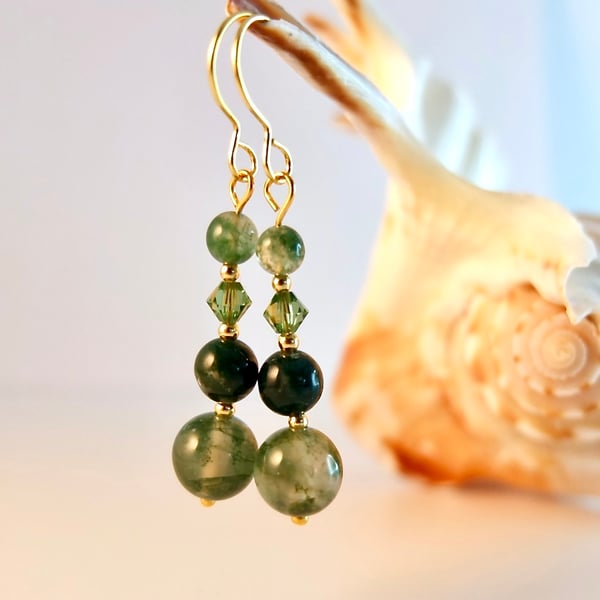 Moss Agate Earrings With Swarovski Crystal - Handmade In Devon