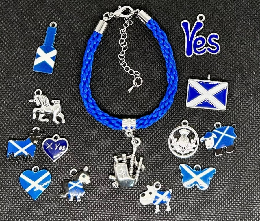 Scotland theme Dangle Charm on Blue Kumihimo Bracelet. Choice of sizes,charms