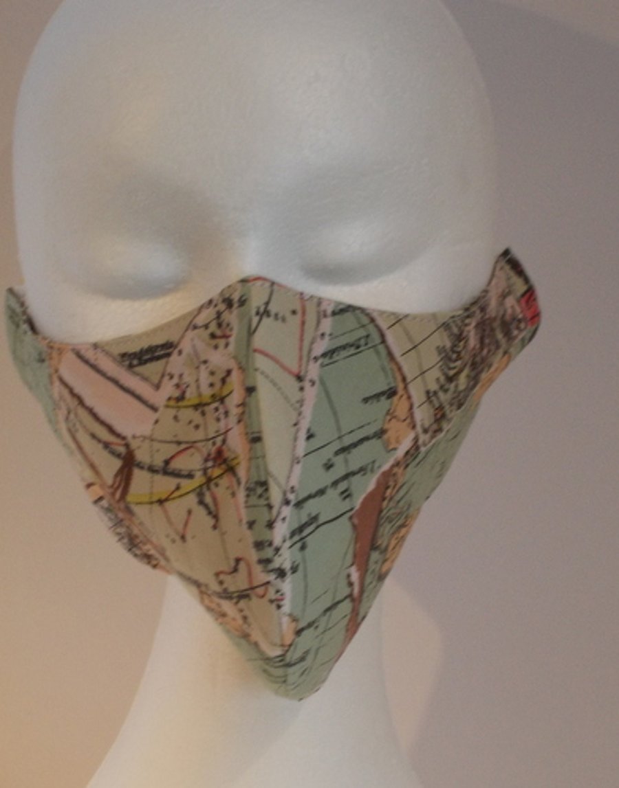 Hand made face mask with vintage map print small size