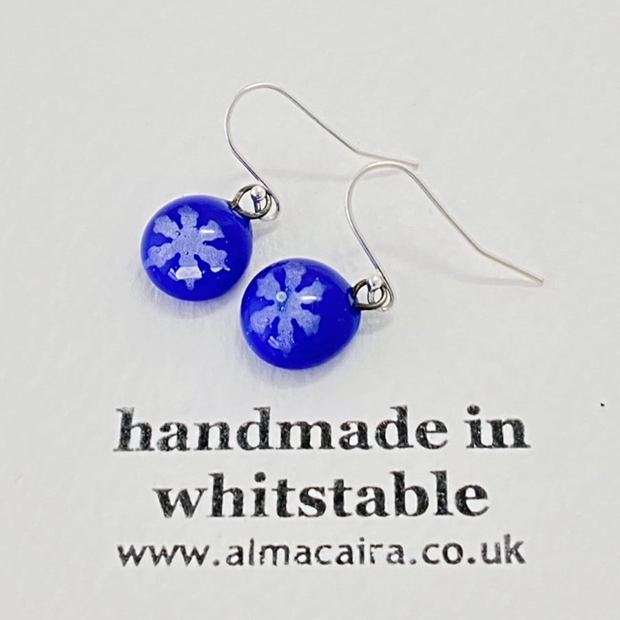 Cobalt Blue Silver Snowflake Drop Earrings