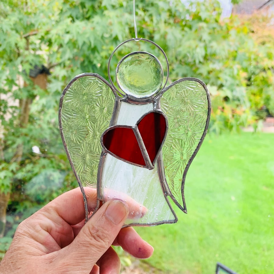 Stained Glass Guardian Angel Suncatcher - Handmade Window Decoration - White