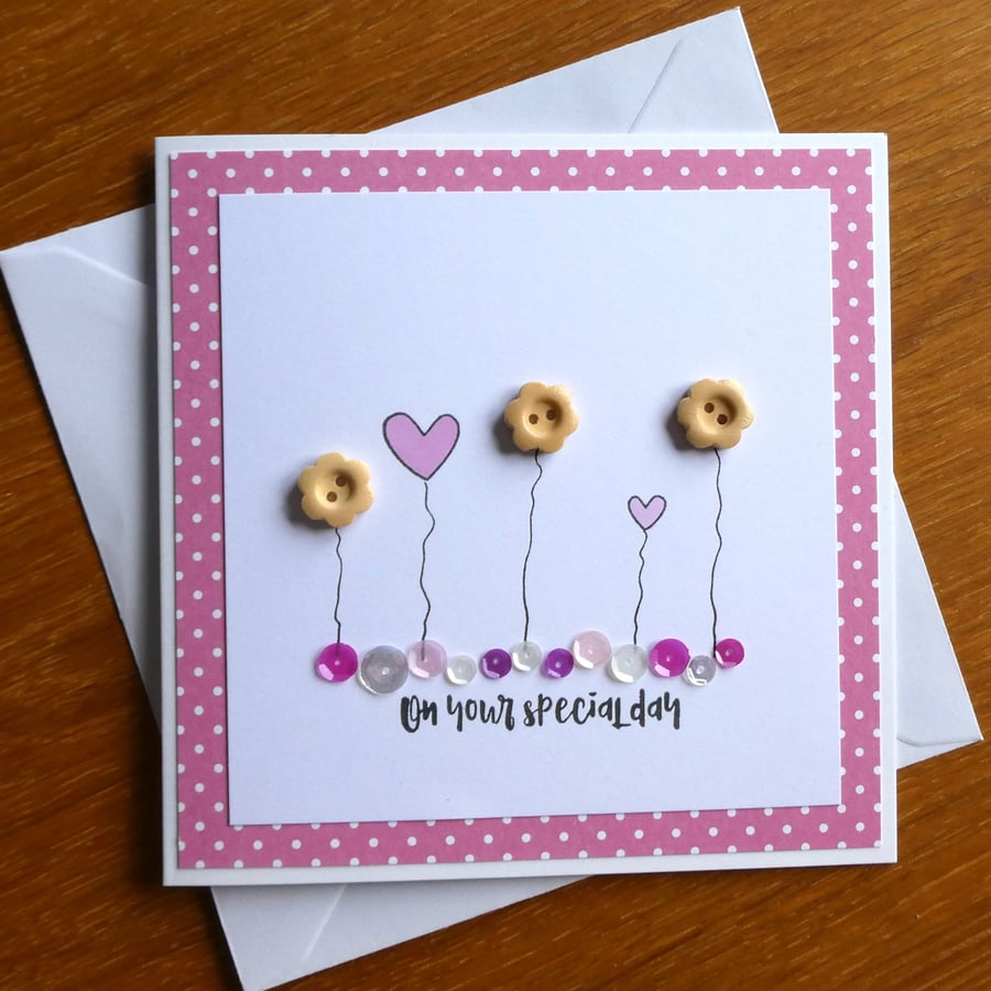 Birthday Card - Flowers, Hearts and Sequins - Pink