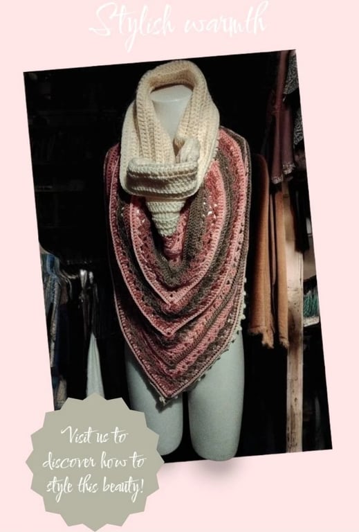 Handmade Crochet Hooded Cowl Scarf Triangle Shawl Pink Brown Ombre Boho Wrap