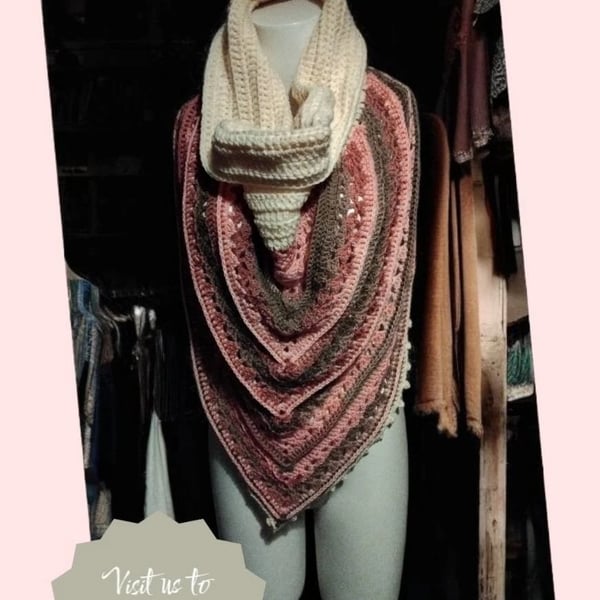 Handmade Crochet Hooded Cowl Scarf Triangle Shawl Pink Brown Ombre Boho Wrap