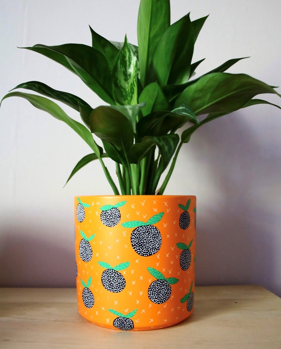 Orange Abstract Fruit Design Hand Painted Indoor Plant Pot
