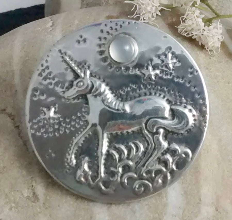 Pewter and Moonstone Unicorn Brooch