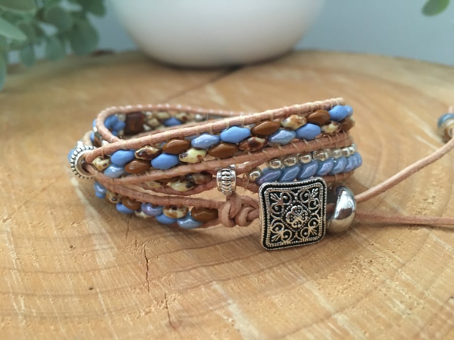 Fashionable boho beaded leather 3 x wrap adjustable bracelet, boho chic, yoga 