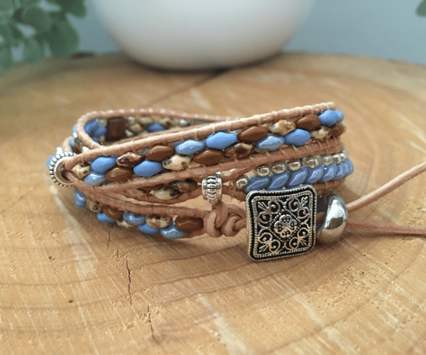Fashionable boho beaded leather 3 x wrap adjustable bracelet, boho chic, yoga 
