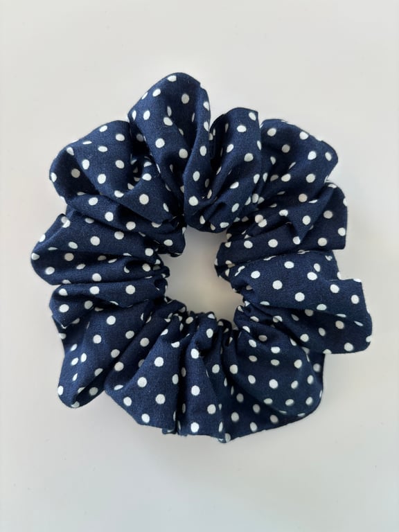 Cotton scrunchie hair accessory in navy and white spot design