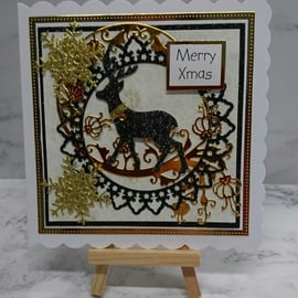 Christmas Card Glittered Elegant Reindeer Black and Gold v1 3D Luxury Handmade