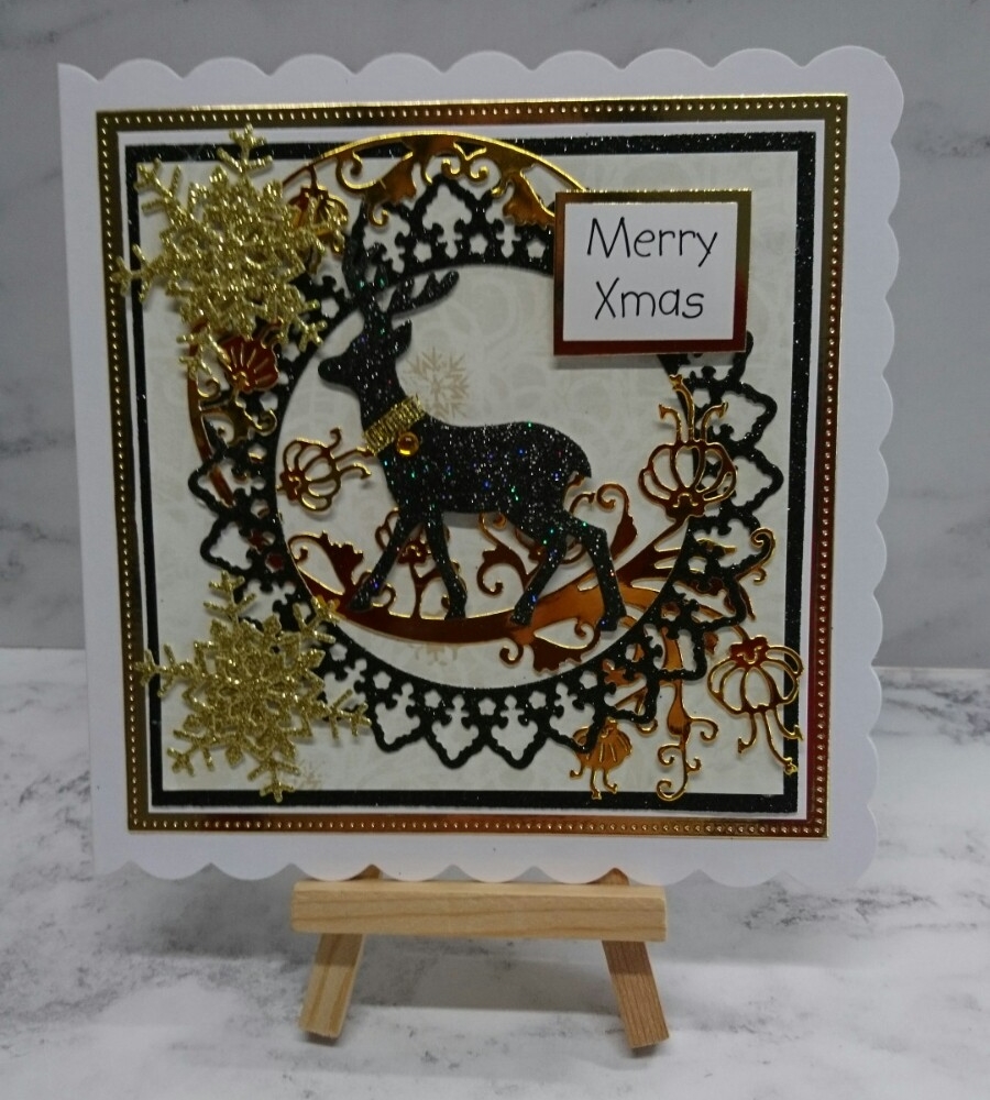 Christmas Card Glittered Elegant Reindeer Black and Gold v1 3D Luxury Handmade