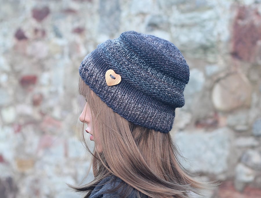 HAT knitted dark brown wooden button beanie, women's beanie cap, gift, UK