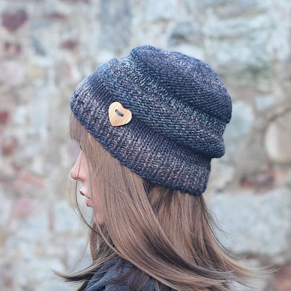 HAT knitted dark brown wooden button beanie, women's beanie cap, gift, UK