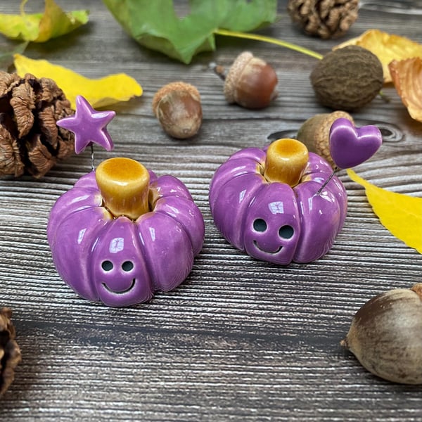 Purple Heart Ceramic Smiley Pumpkins - Autumn Pumpkins - Halloween Decorations