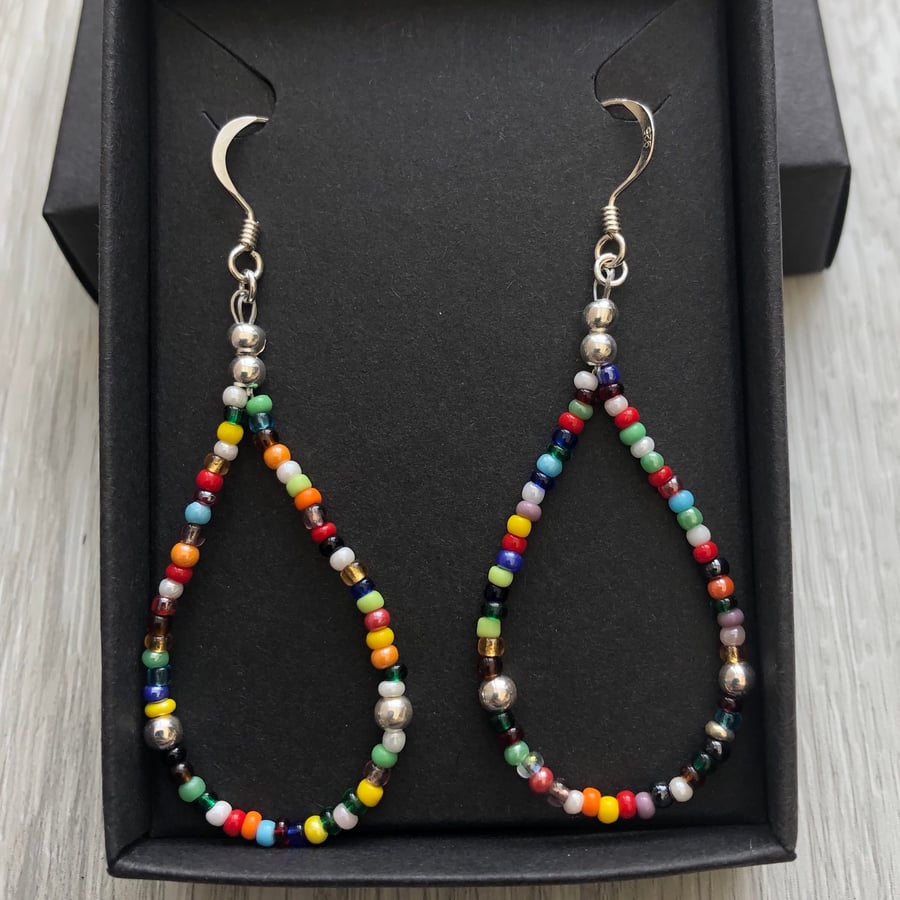 SALE.. Rainbow mix beaded drop earrings. Sterling silver.