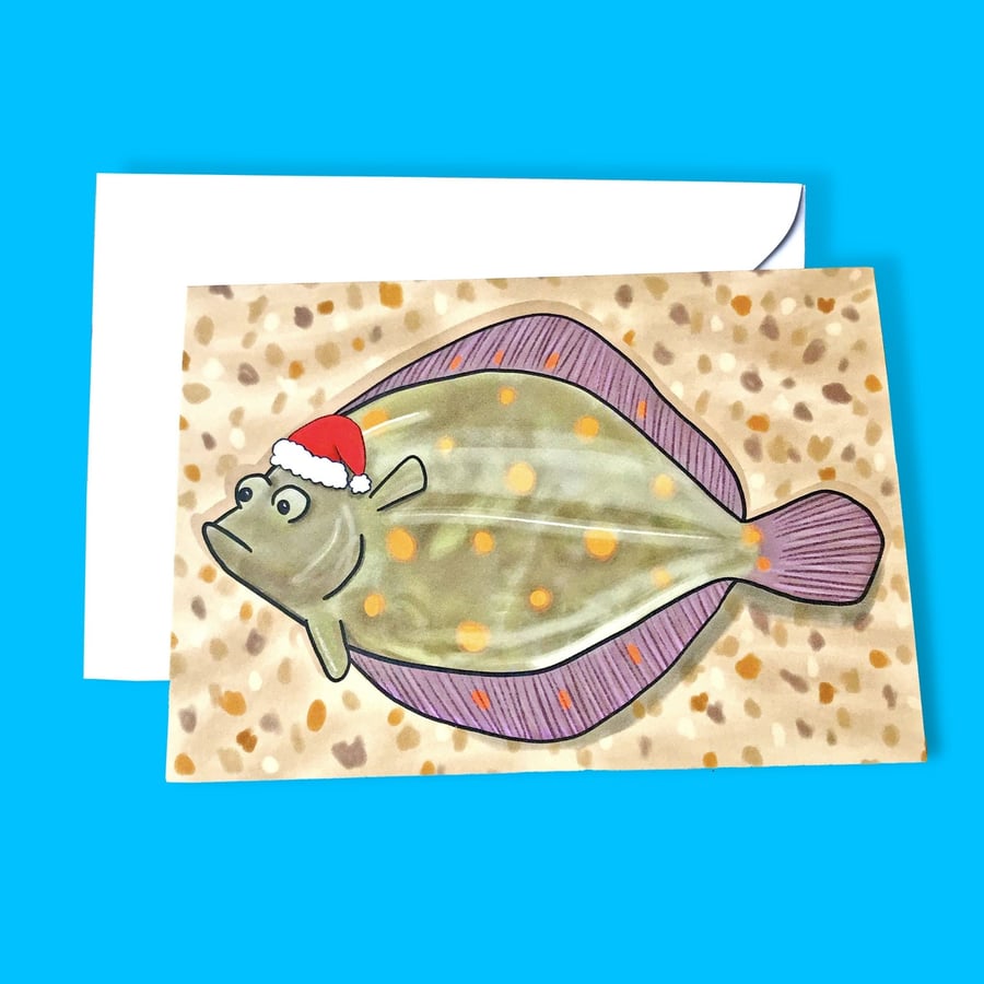 Plaice with a Christmas Hat illustration A6 card