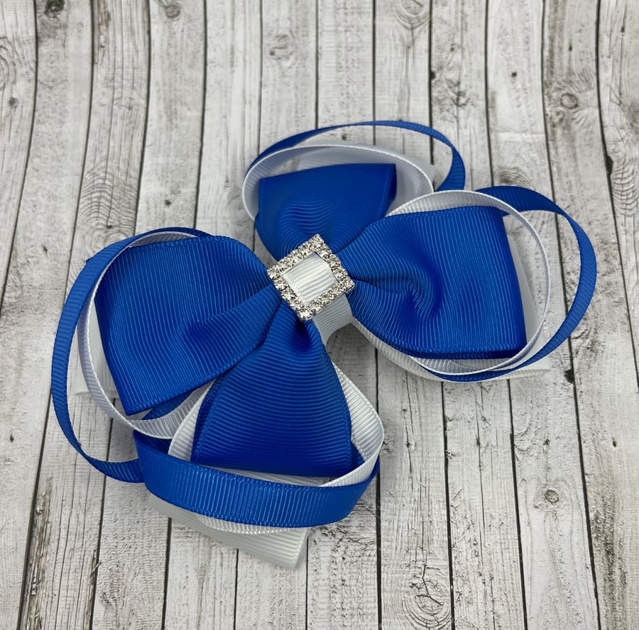 Large 5 inch Royal Blue and White Double Layer Bow with Double Loops