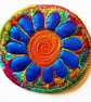 Textile Flower Brooch Free Machine Embroidery in Blue and Orange  - Image 1